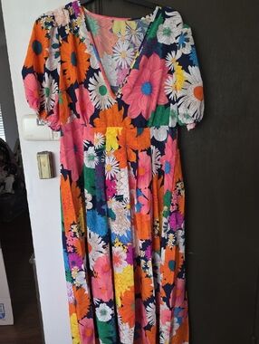 Navy Floral Maxi Dress with Orange, Pink, White & Green 3X